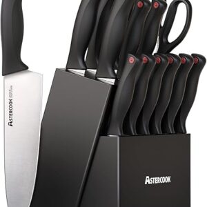 Astercook Knife Set with Built-in Sharpener Block, Dishwasher Safe Kitchen Knife Set with Block, 14 Pcs High Carbon Stainless Steel Block Knife Set with Self Sharpening and 6 Steak Knives, Black